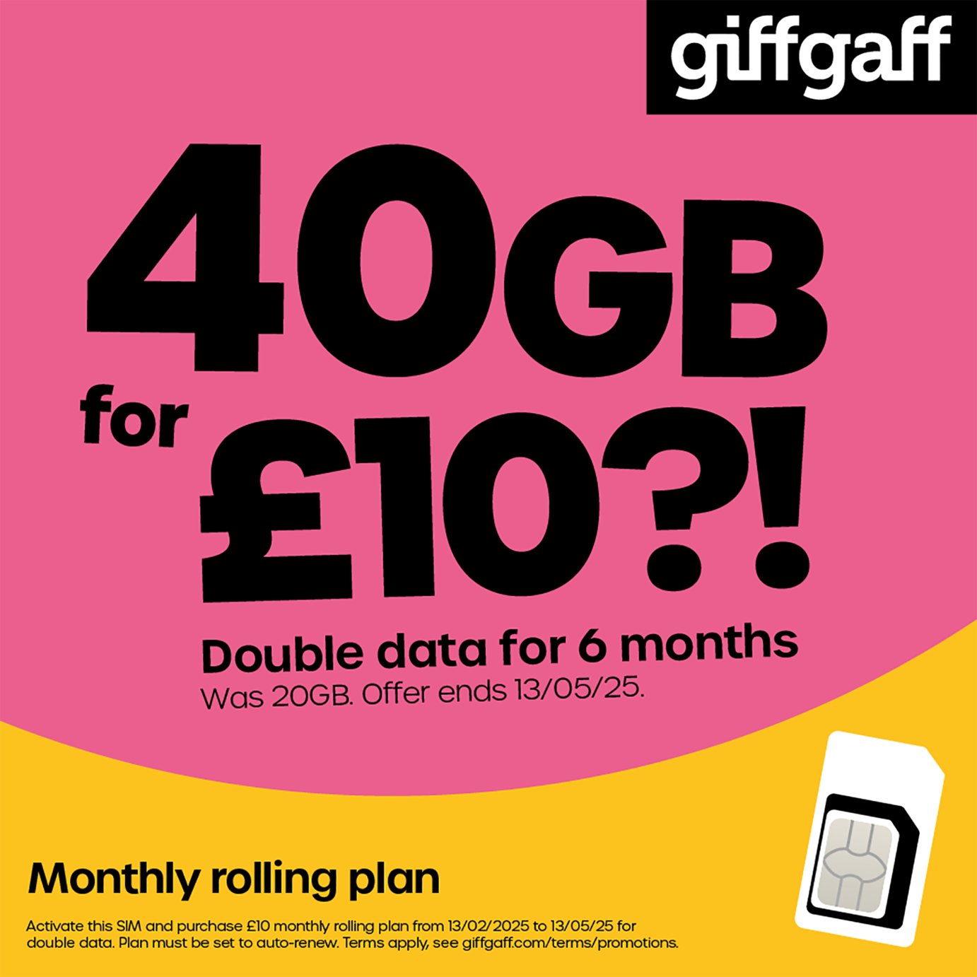 giffgaff 40GB Pay As You Go Sim Card