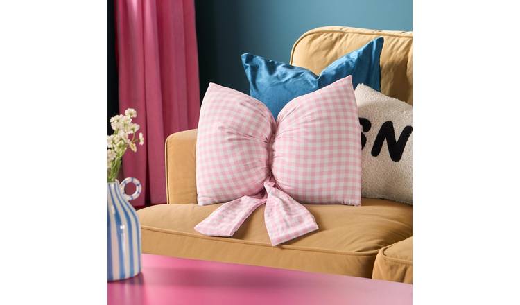 OHS Filled Printed Gingham Bow Cushion - Pink - 35 x 50cm