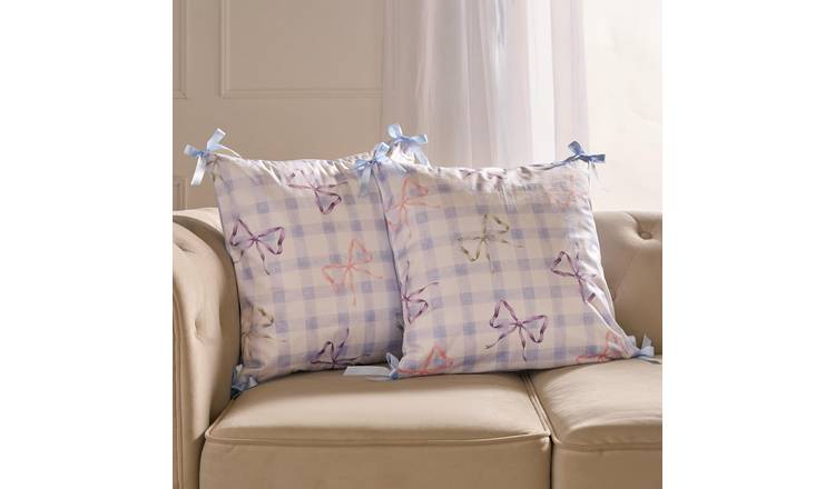 OHS 2 Pack Bow Gingham Print Cushion Covers 45 x 45cm - Blue