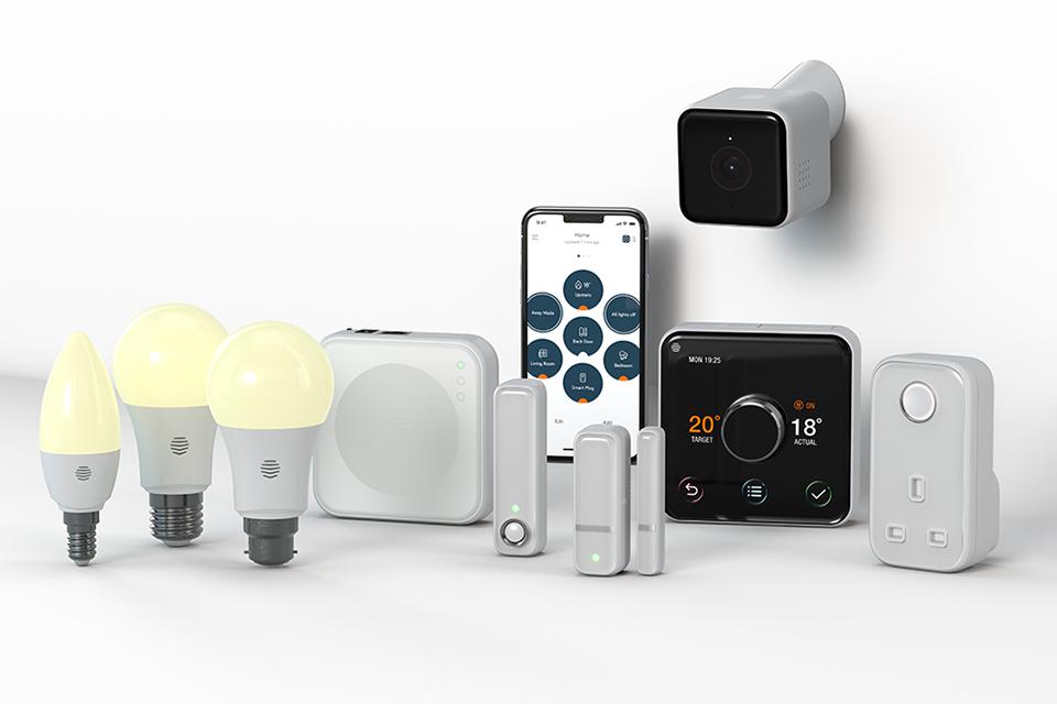 Image shows a range of Hive smart home products including security cameras, motion sensors, light bulbs and plugs.
