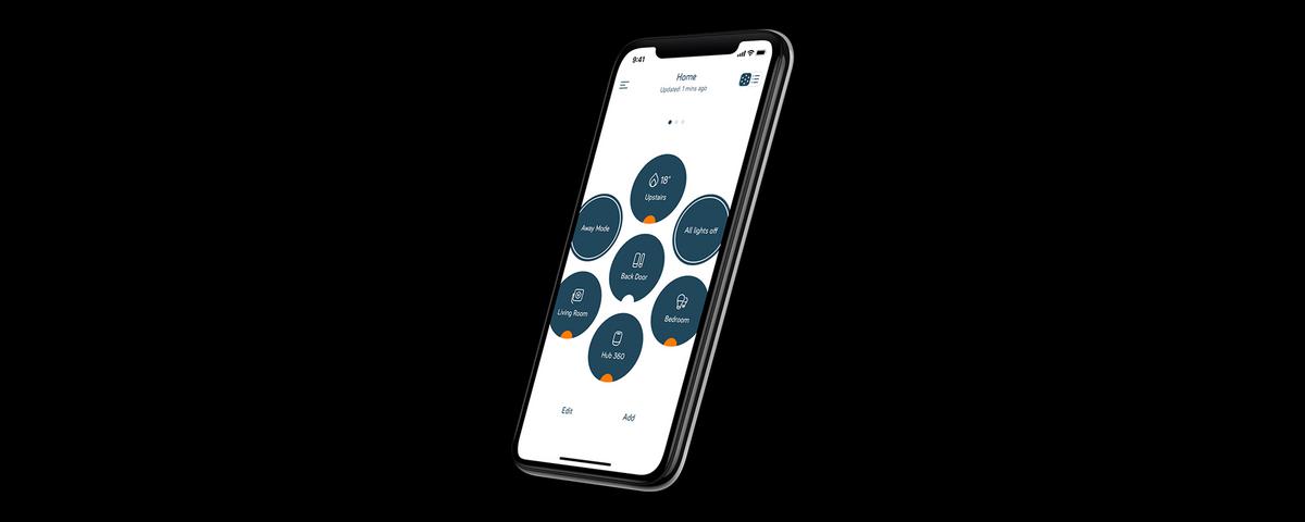 A smartphone screen displays the Hive App, with buttons to control a range of different devices.