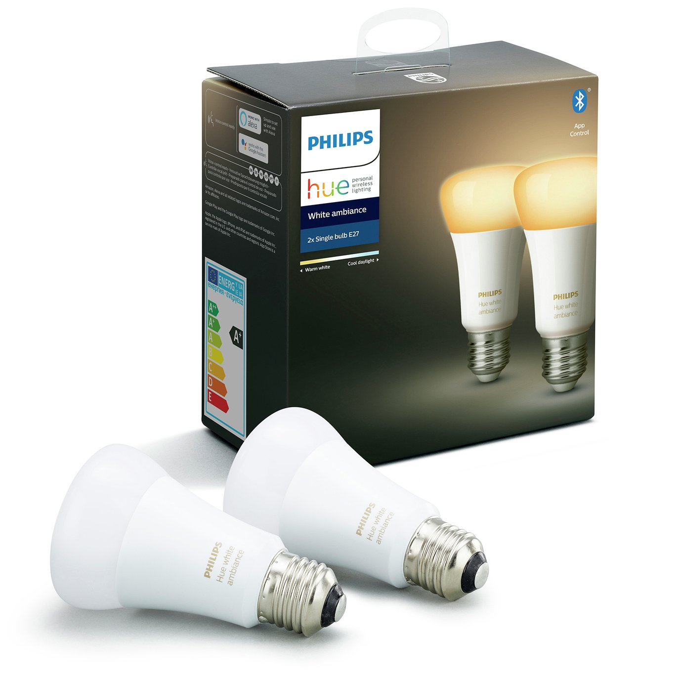 Philips Hue E27 White Smart Bulbs with Bluetooth- 2 Pack