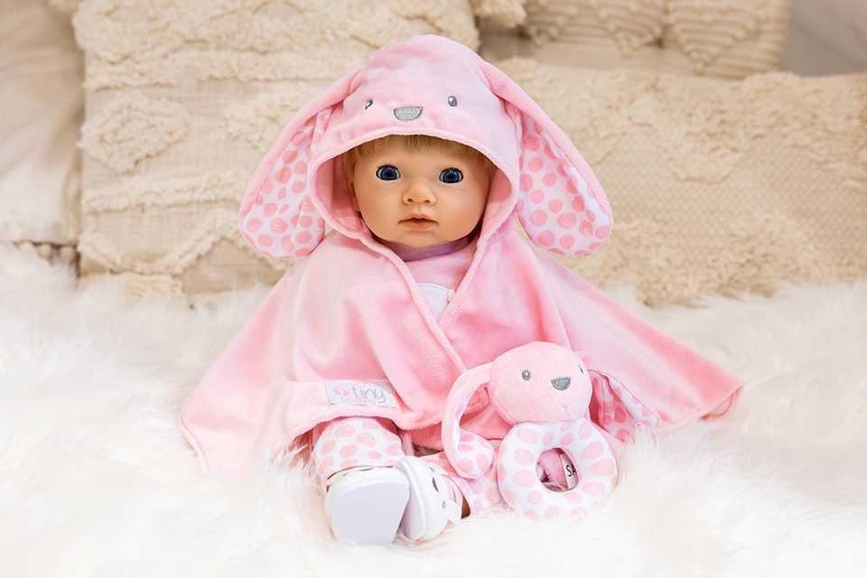 44cm Tiny Treasures baby doll dressed in a pink bunny outfit with matching accessory set and shoes.