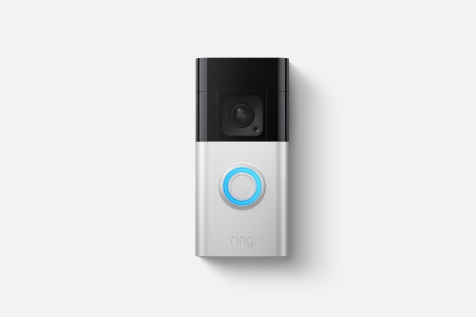 A Ring Battery Video Doorbell Plus against a black background.