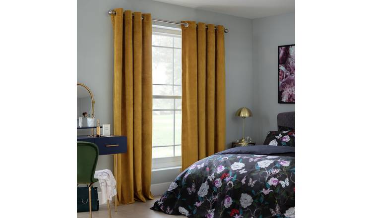 Habitat Plain Matt Velvet Eyelet Curtains - Mustard