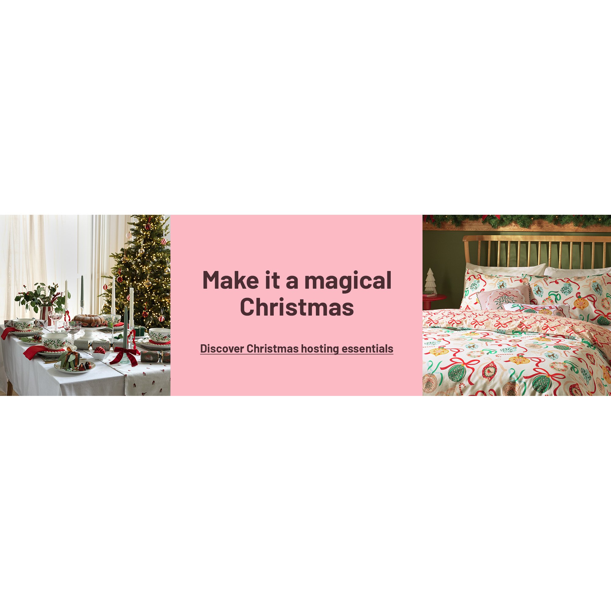 A split image of a dining table decorated for Christmas on one side and baubles and ribbons print Christmas bedding set on other side.