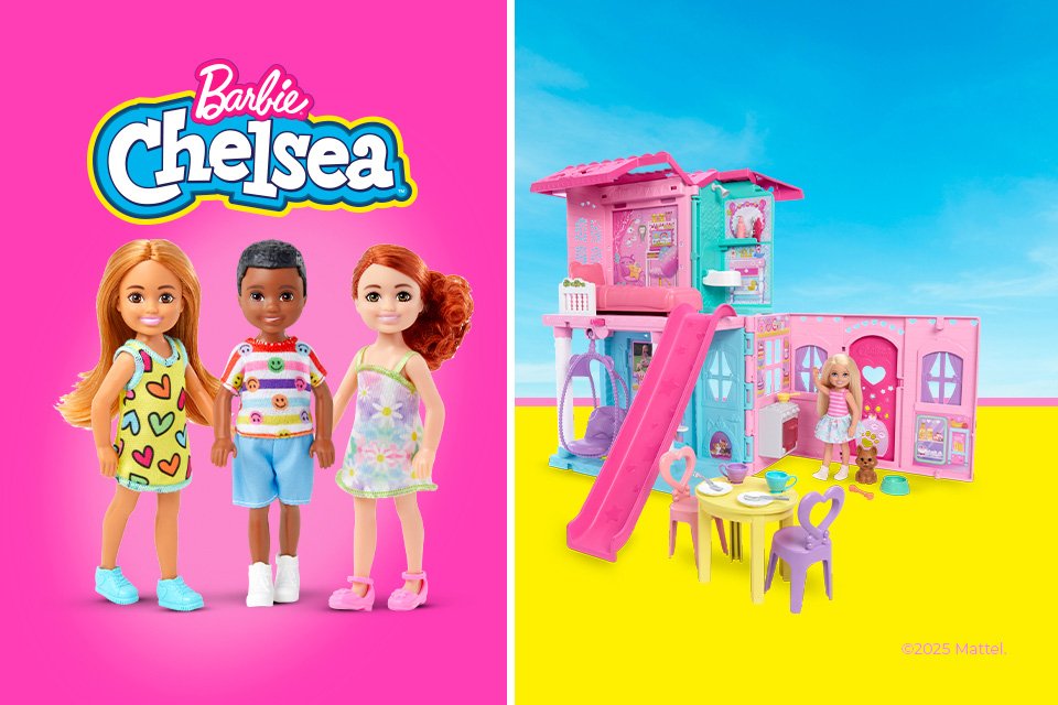 A split image of three Barbie Chelsea dolls and a Barbie beach house.