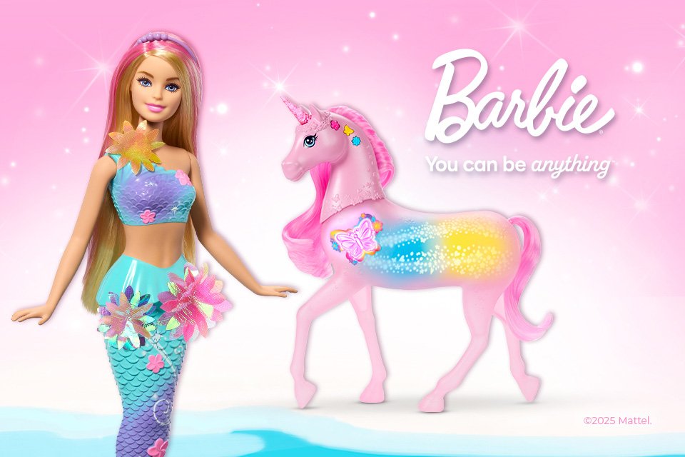 A Barbie doll and a unicorn doll against a light pink background.