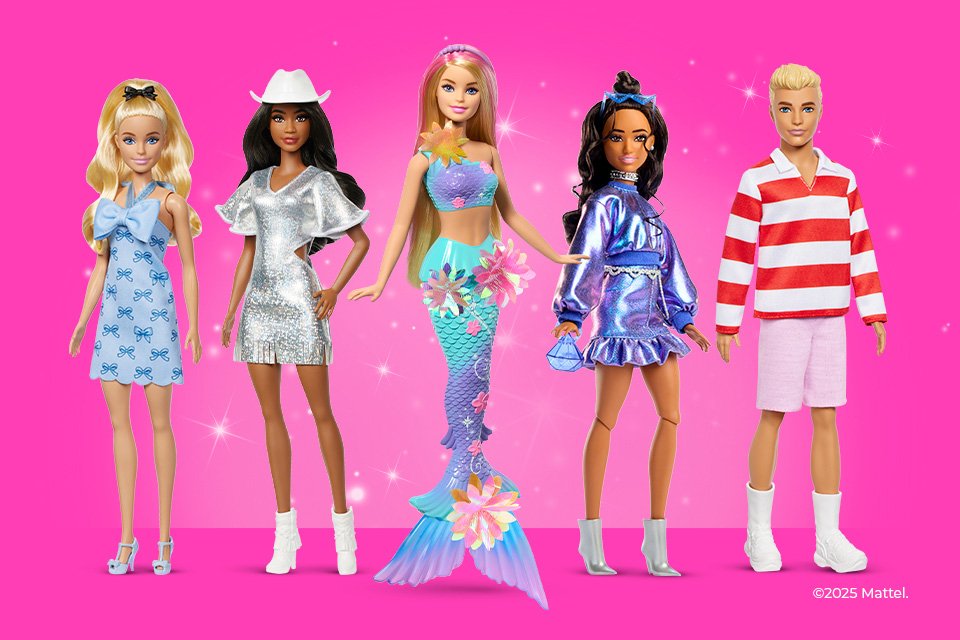 Barbie and Ken doll assortment against a pink background.