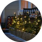 Bushes near a house decorated with Habitat Christmas tree path finder lights.