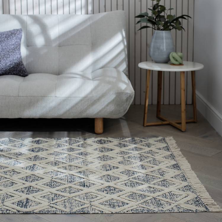 Habitat Printed Cream & Blue Cotton Flatweave Rug -170x120cm 0