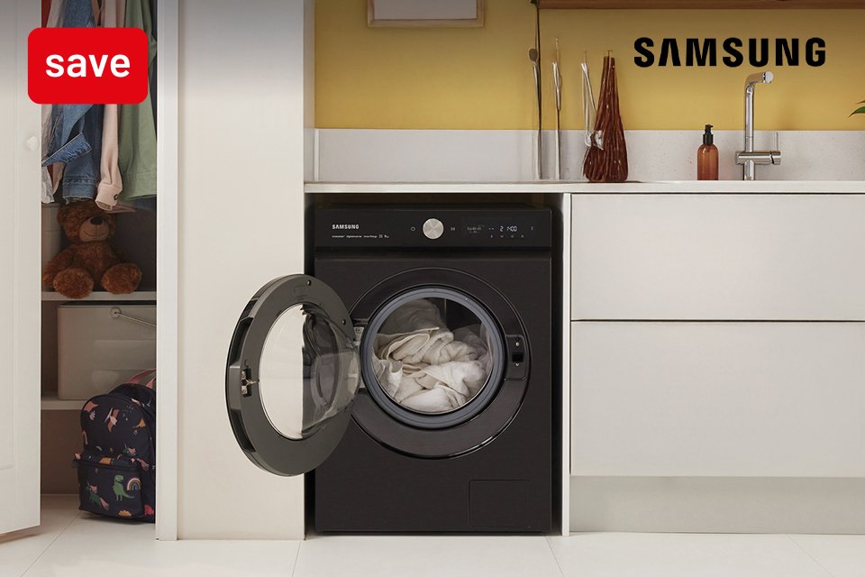 Save £100 on selected Samsung washer dryers with code WASH100.