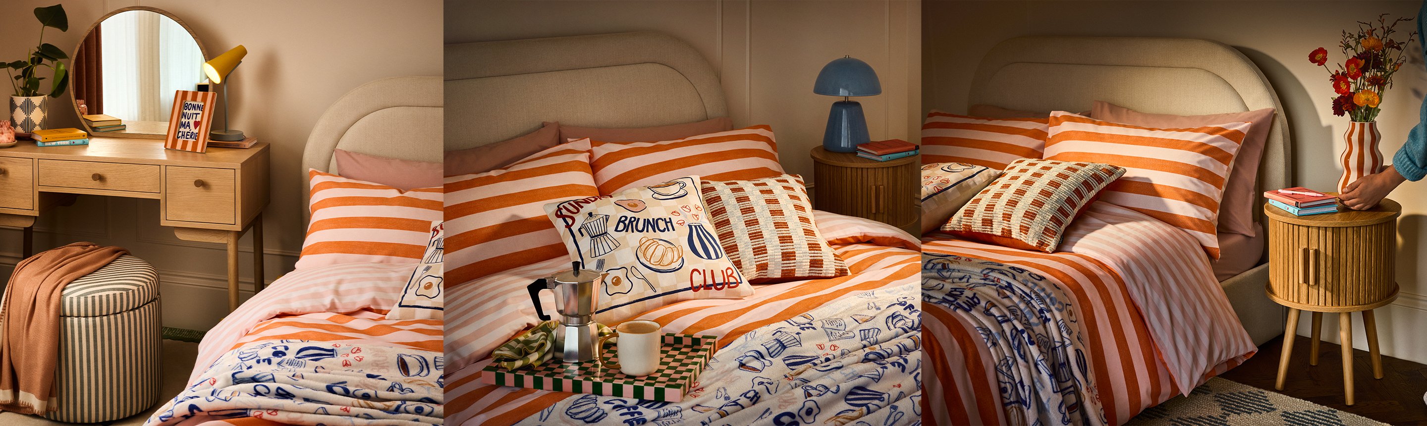 A collage of cosy bedroom décor with a dressing table, a bed made with cushions and a vase with fresh flowers on a bedside table.