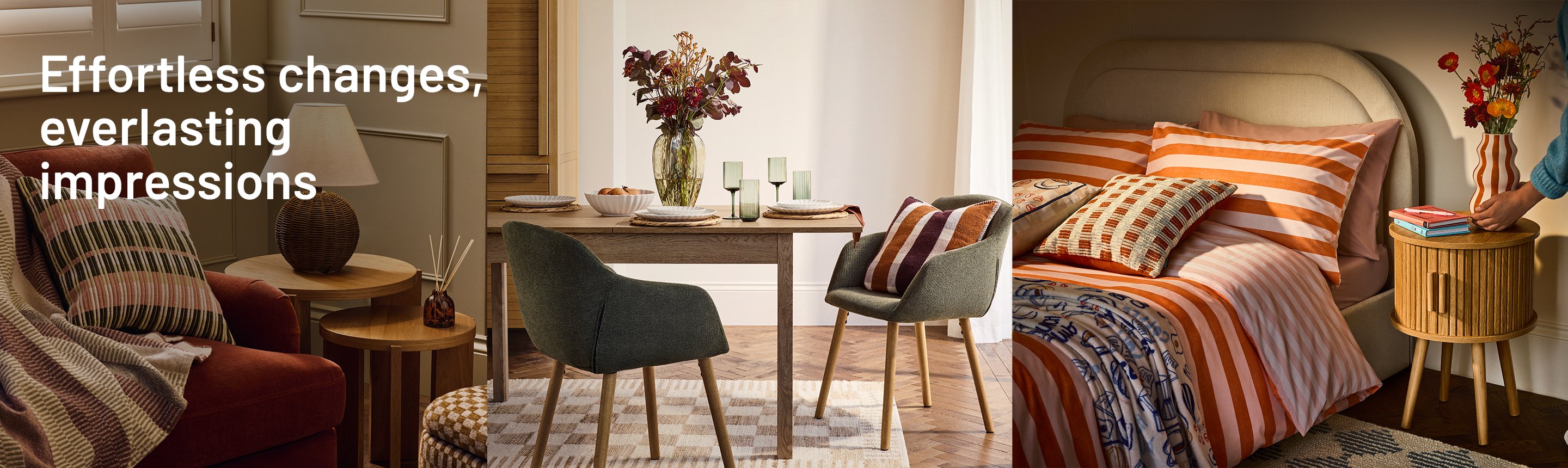 A collage of cosy home décor with a table lamp near a sofa, a dining table set with plates and glasses and a bed made with cushions with a vase placed next to it.