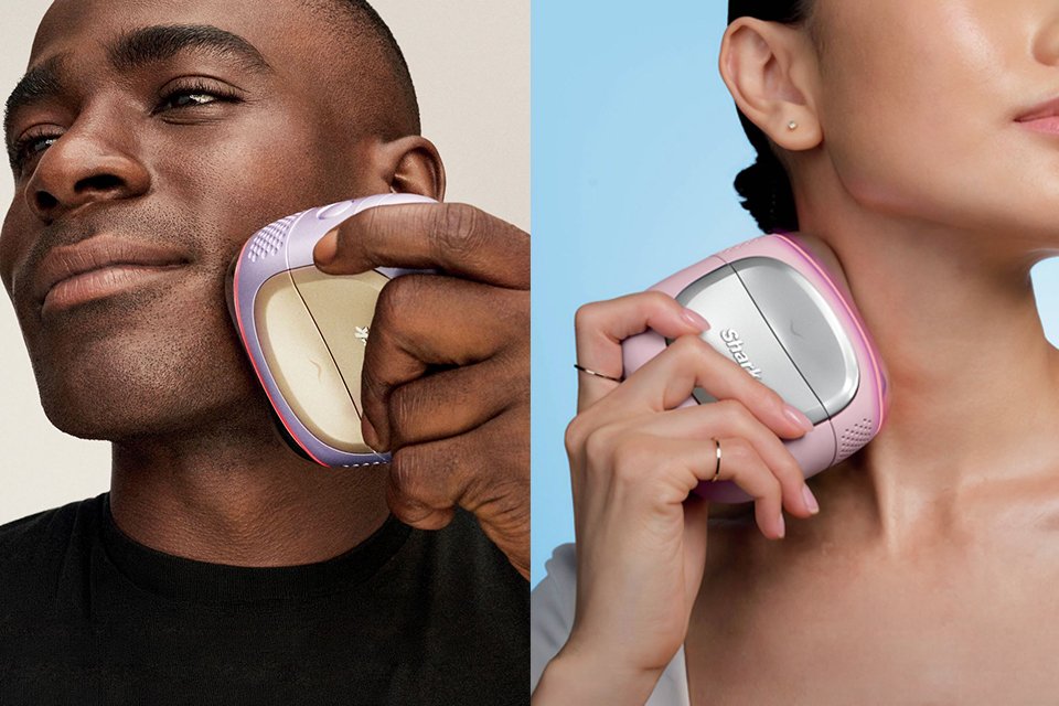 A split image of a woman using Shark DePuffi Contrast Therapy Sculpting Tool on one side and a man using Shark FacialPro Glow with DePuffi At-Home Facial Device.