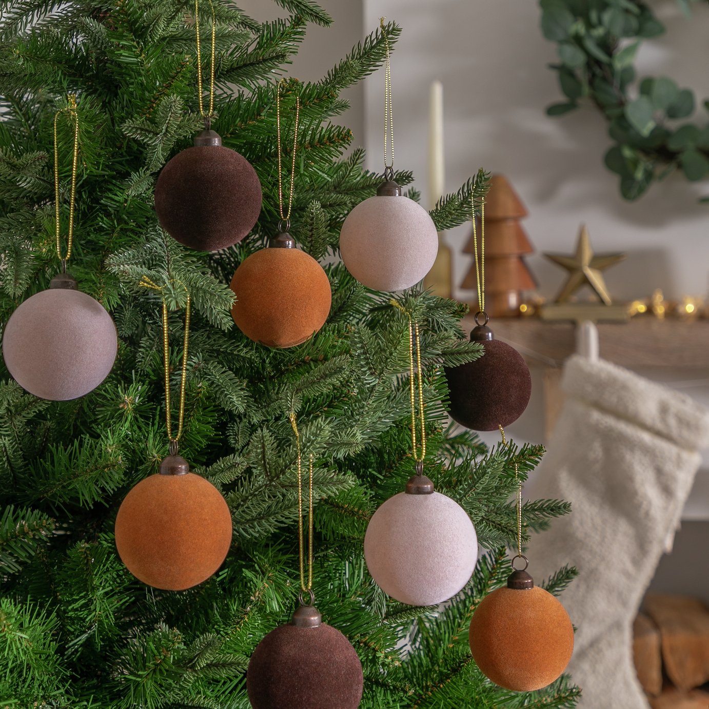 Habitat Pack of 12 Flock Christmas Baubles - Neutrals