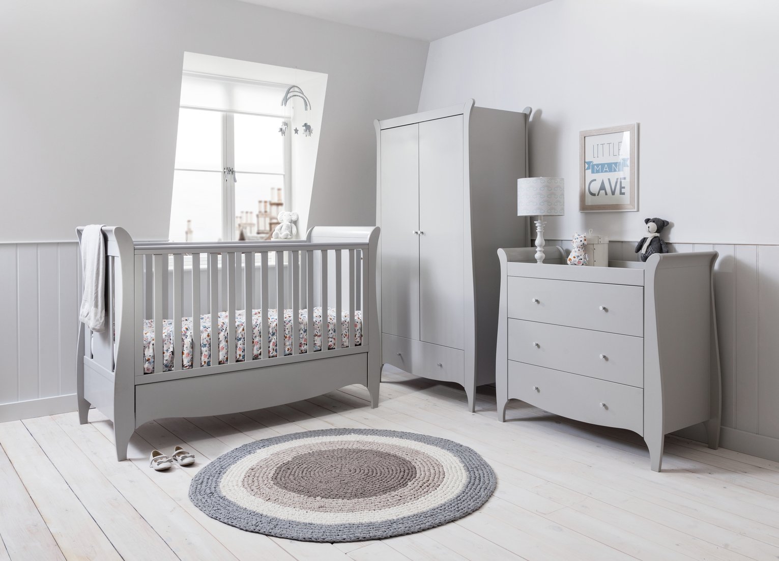 grey and white nursery furniture