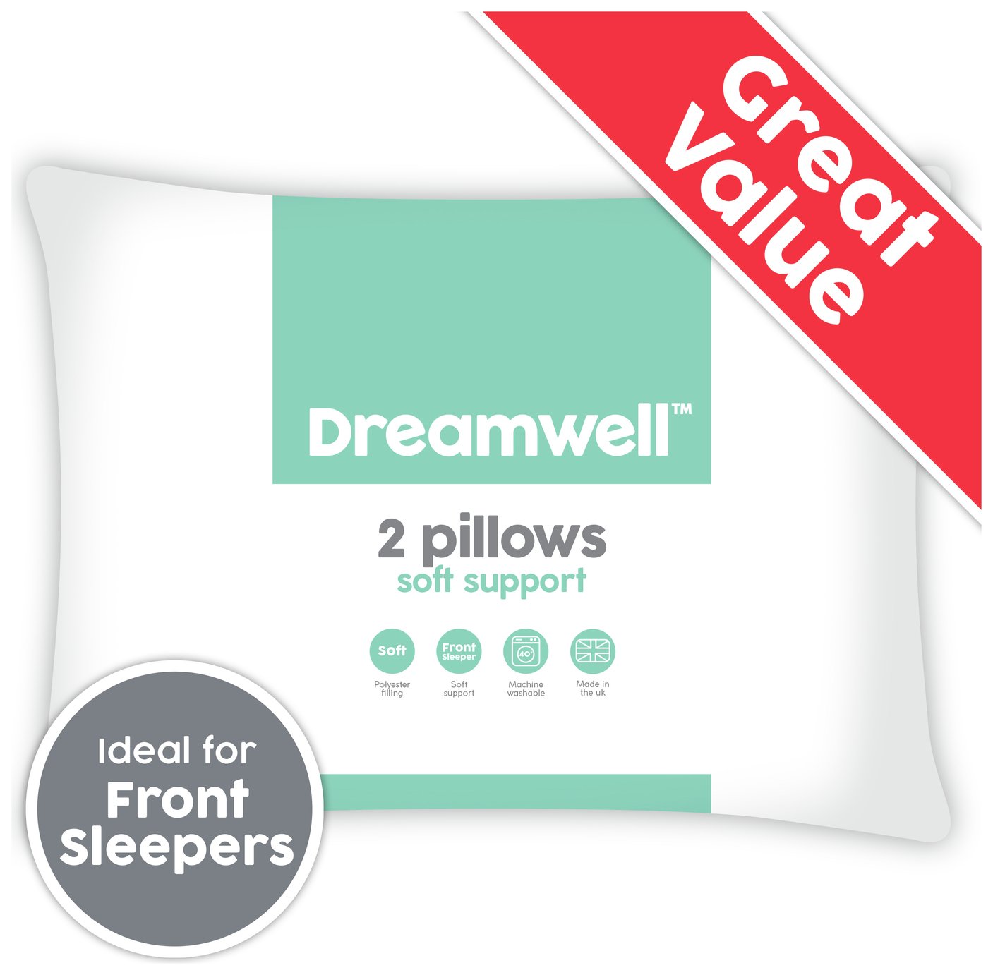 Dreamwell Soft Support Front Pillow - 2 Pack