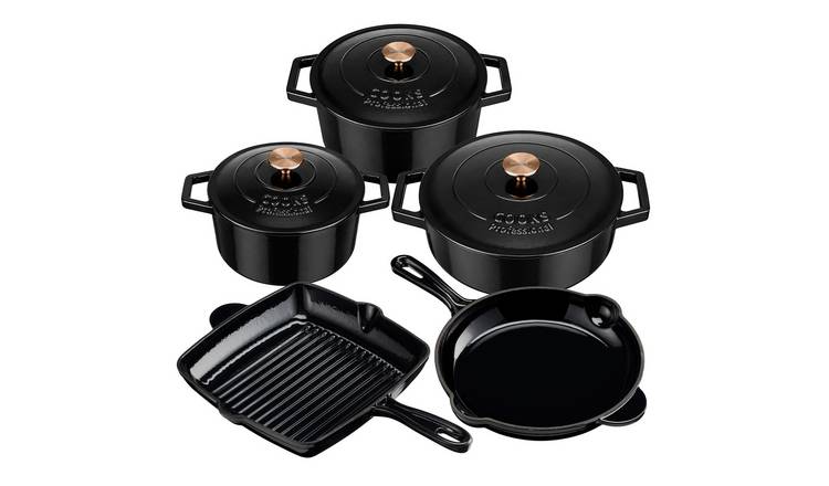 Cooks Professional 5pc Cast Iron Casserole, Frying Pan & Skillet Set - Black