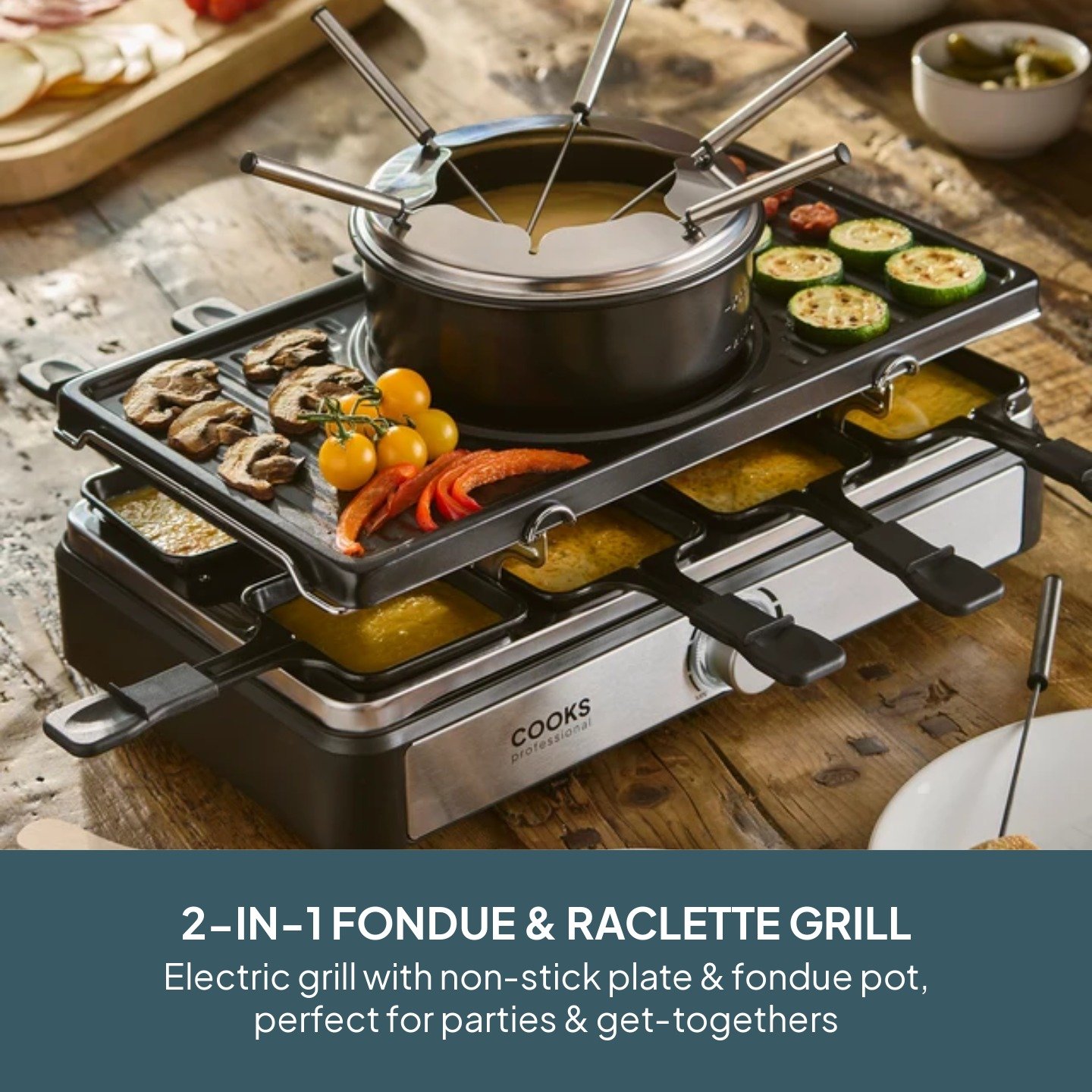 Cooks Professional Electric 2-in-1 Raclette Grill and Fondue - 8 Person - Image 2