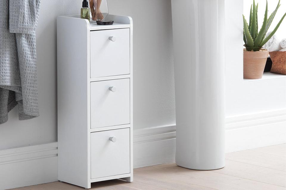 The Argos Home Livingston 2-door bathroom cabinet and tallboy in a bathroom setting.