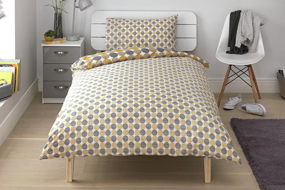 Argos home mustard and grey circles single bedding set.