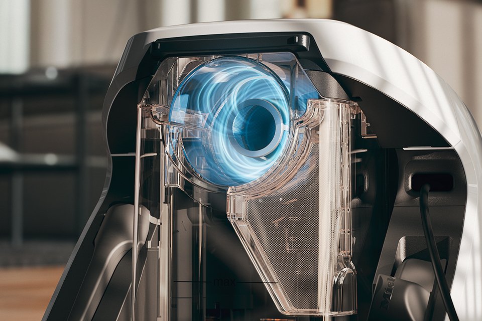 Rear end of Miele's Blizzard vacuum cleaner, showing filter with graphic overlay to imitate air filtration.
