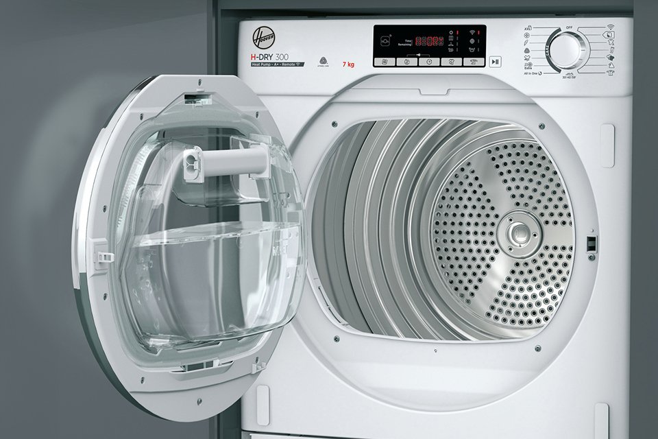 Hoover HLE V9DG 80 9KG Vented Tumble Dryer in white.