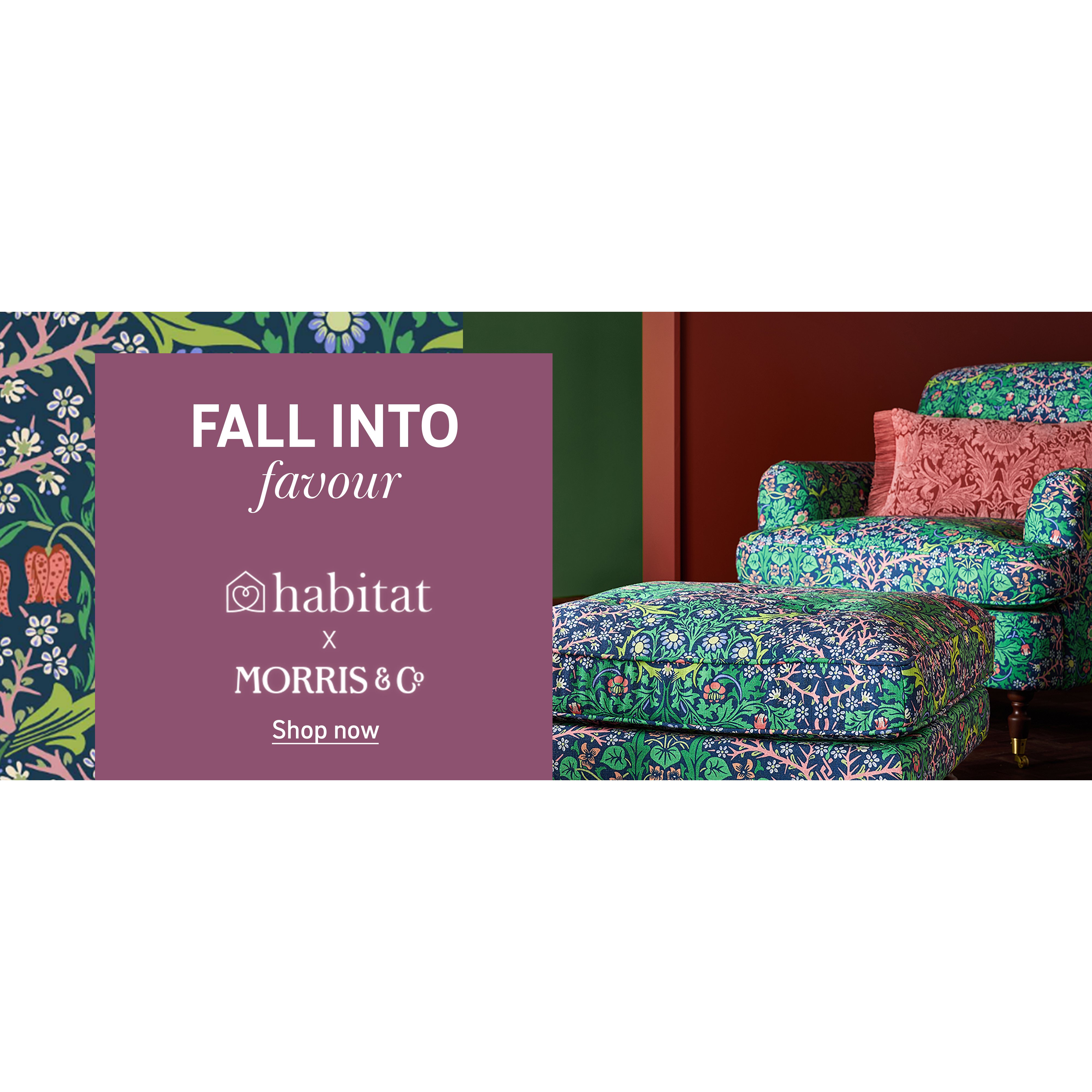 Floral green chair with matching footstool with red floral rectangle cushion with frayed edge in green and red room