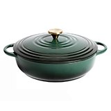 Green cast iron casserole dish.