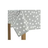 Wipe clean grey and white polka dot table cloth.