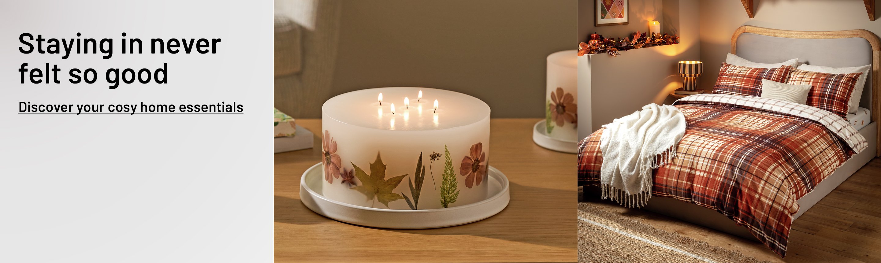 A split image of Autumn inclusion candle XL on one side and Home Autumnal Brushed Check Single bedding on the other side.