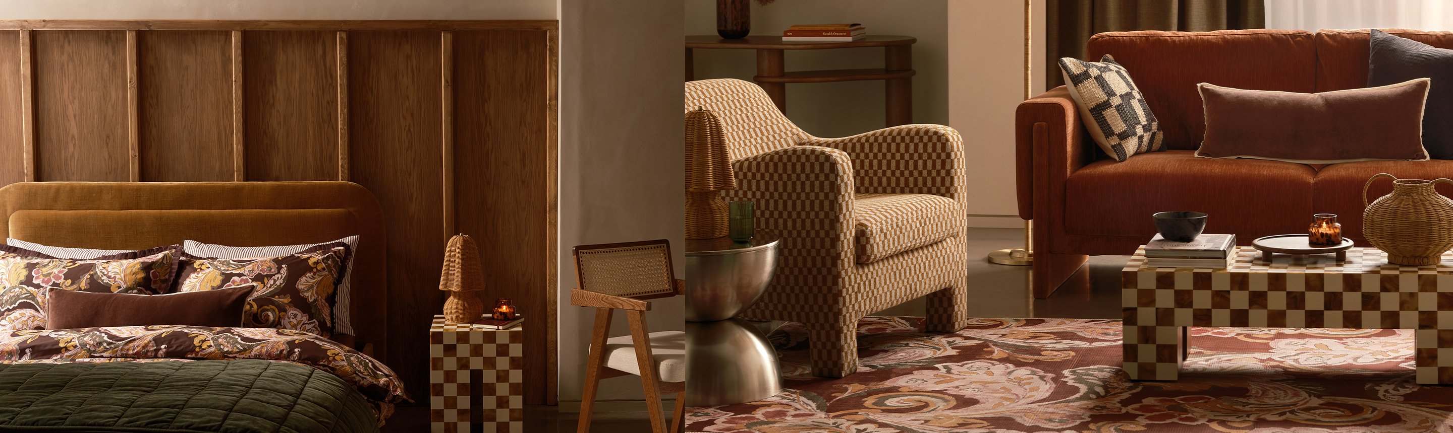 A collage of the Gilded Earth trend featuring a wooden bed frame and a patterned coffee table next to a sofa.