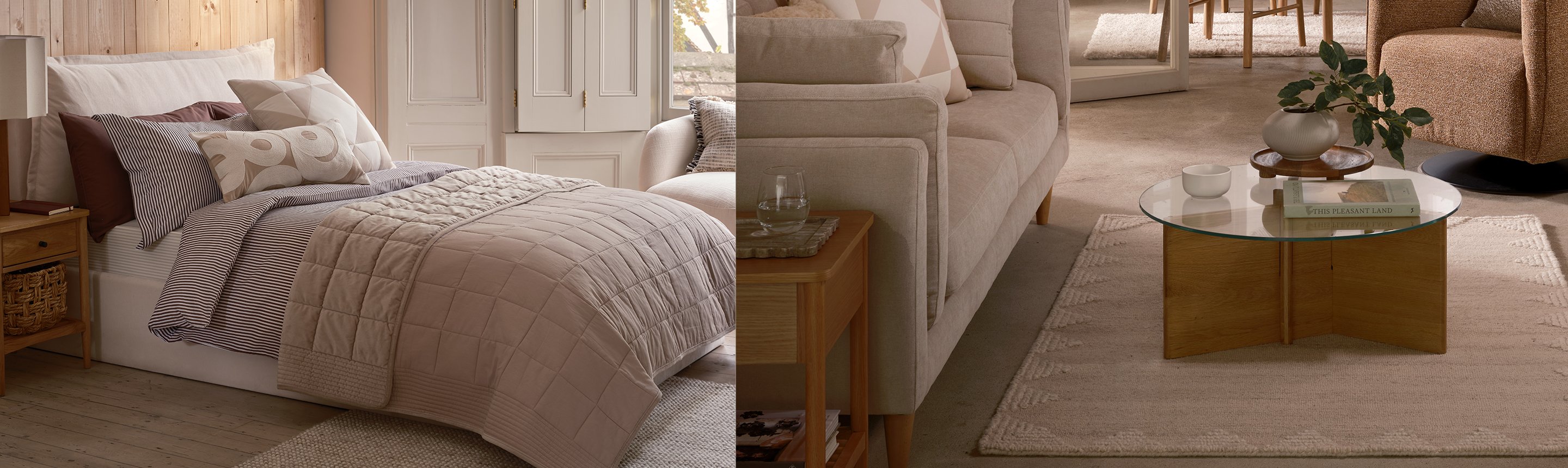A collage of the Moonlit Winter trend with a cosy bed with pillows and a matching sofa and a rug in a living room.