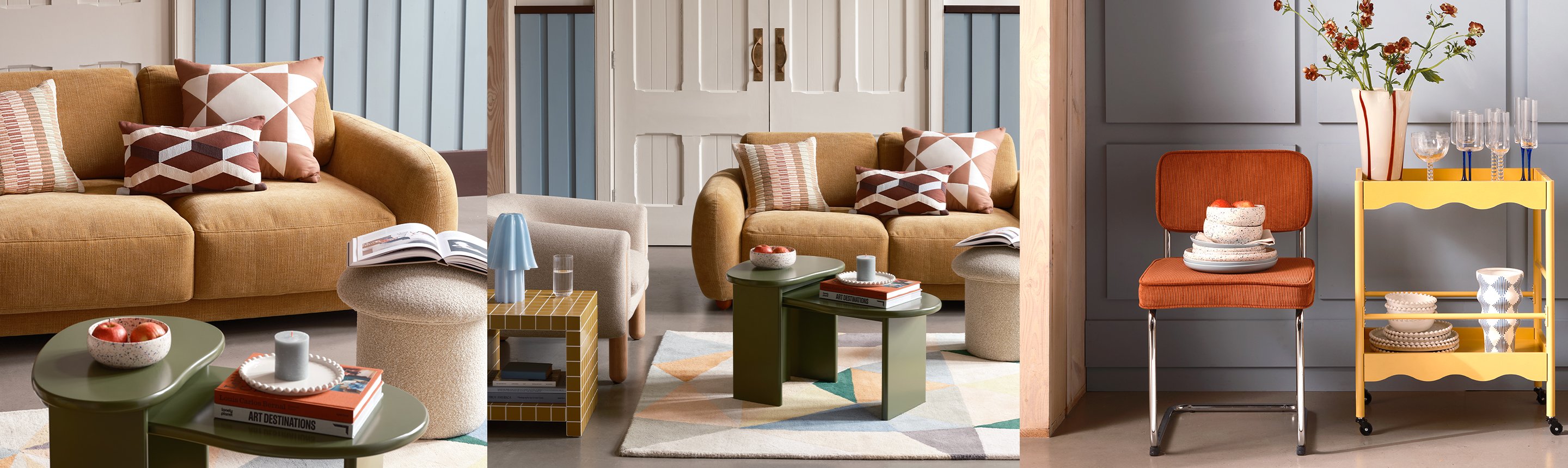 Verde luxe tred banner with a bedroom, living room and dining room with hues of greens tiles and neutrals throughout with wooden accent chairs and florals.