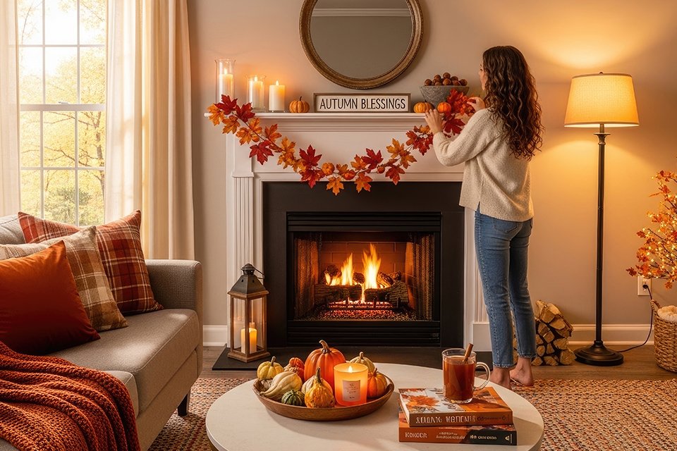 A woman hanging a fireplace garland next to some candles in a cosy living room with a throw over the sofa and some hot chocolate on the table.