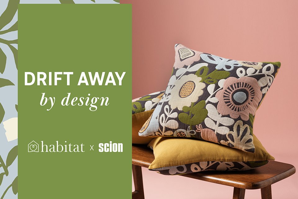 Habitat x Scion collaboration banner with a colourful patterned cushion.