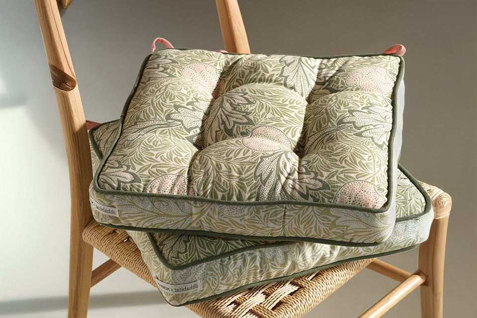 William and morris dining seat pantry cushions in green leaf print.