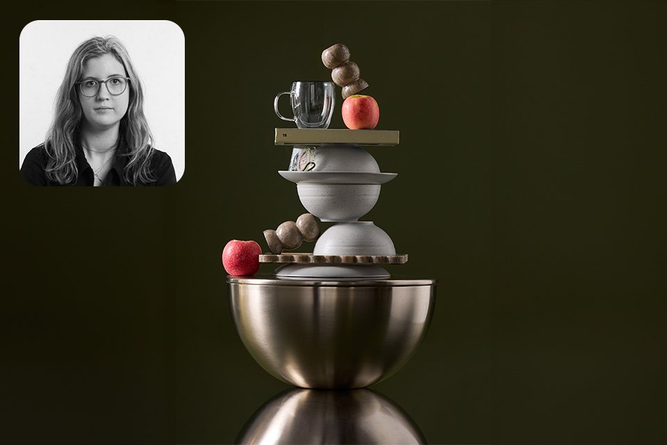 A collage of designer Molly alongside an image of marble decor and homeware, a glass mug, ceramic bowls and apples balanced on a steel bowl.
