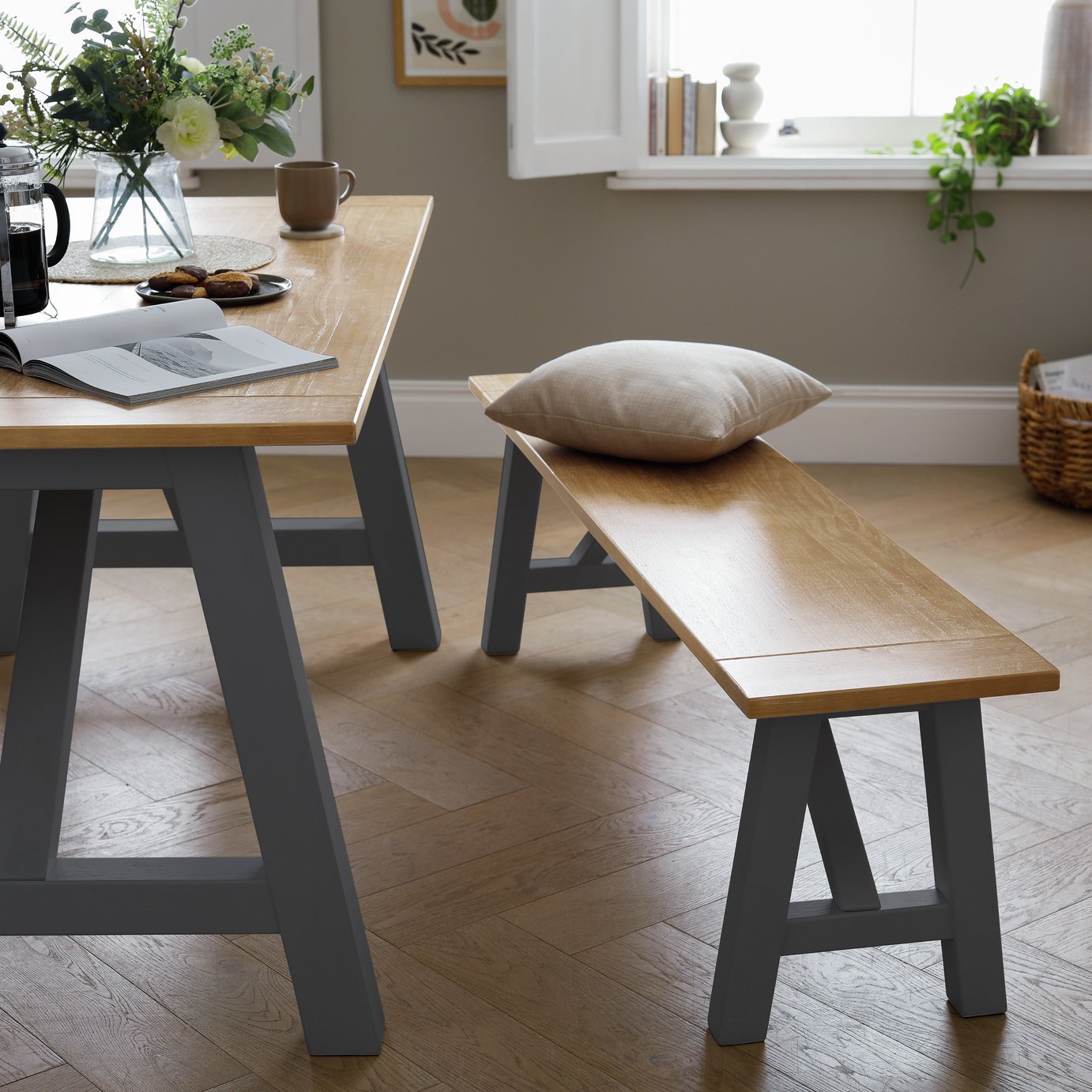 Habitat Burford Pair of Solid Wood Dining Benches -Dark Grey