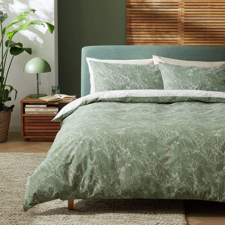 Habitat Sketched Linear Floral Green Bedding Set - Single 0