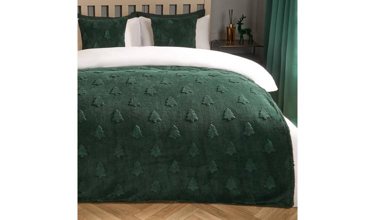 OHS Tufted Winter Tree Teddy Fleece Blanket Throw 130 x 160cm - Green