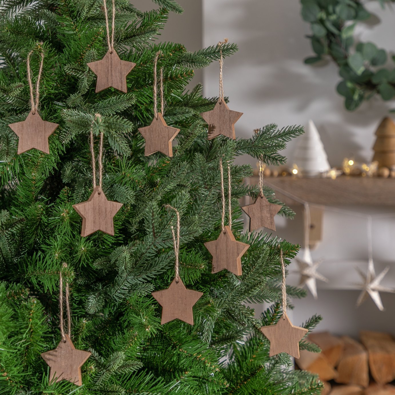 Habitat Pack of 12 Wooden Star Christmas Tree Decorations
