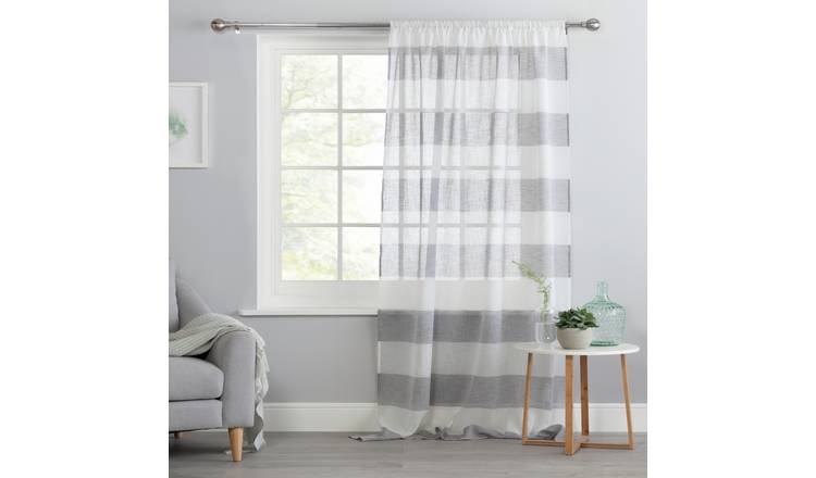 Habitat Striped Linen Pencil Pleat Curtains Panel - Grey