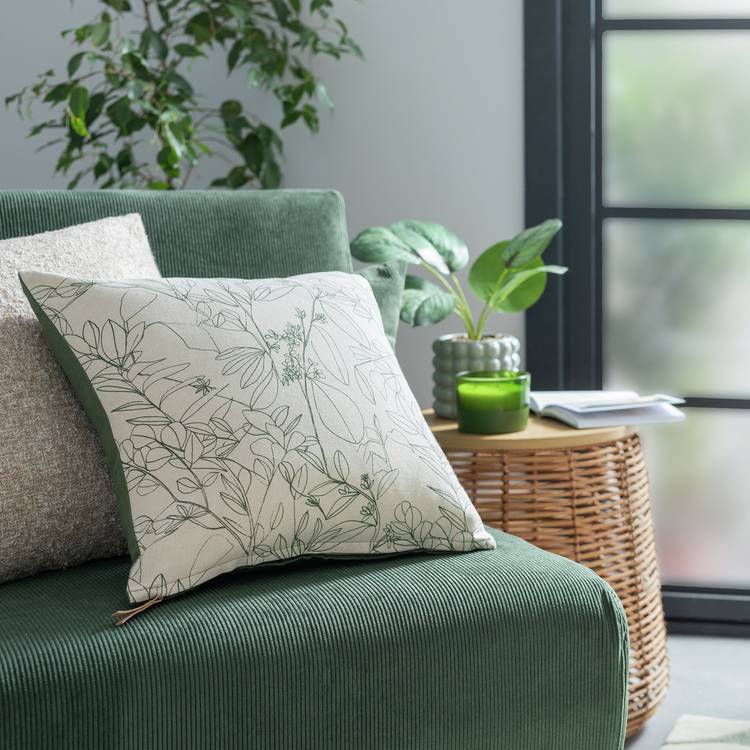 Habitat Floral Print Cushion - White & Green - 43x43cm 0