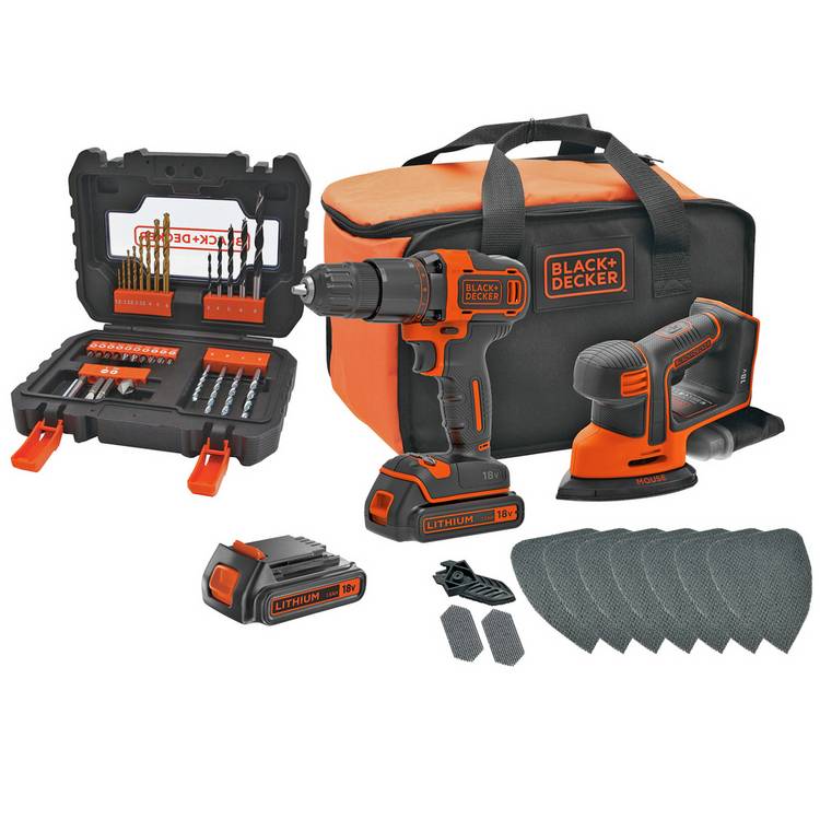 Black + Decker 18V Cordless Hammer Drill & Mouse with Batt 0