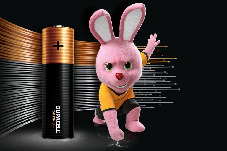 Duracell Optimum battery and crouching Bunny.