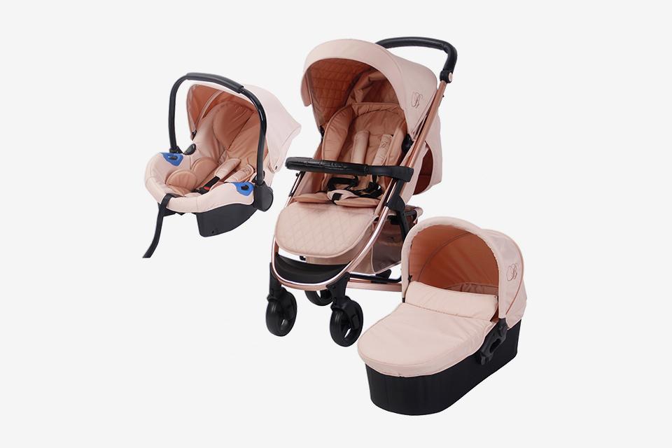Pink carseat, pushchair and carrycot.