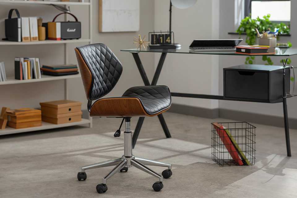 brown wooden curved seat office chair finished in faux black fathers.