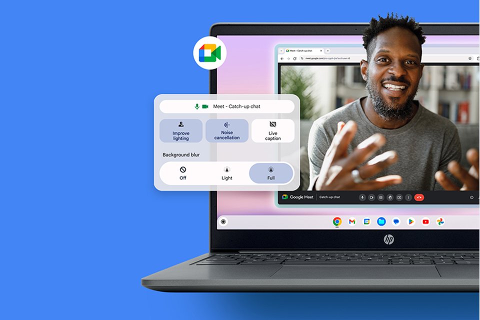 A man on a video call with Gemini prompts on a Chromebook screen.